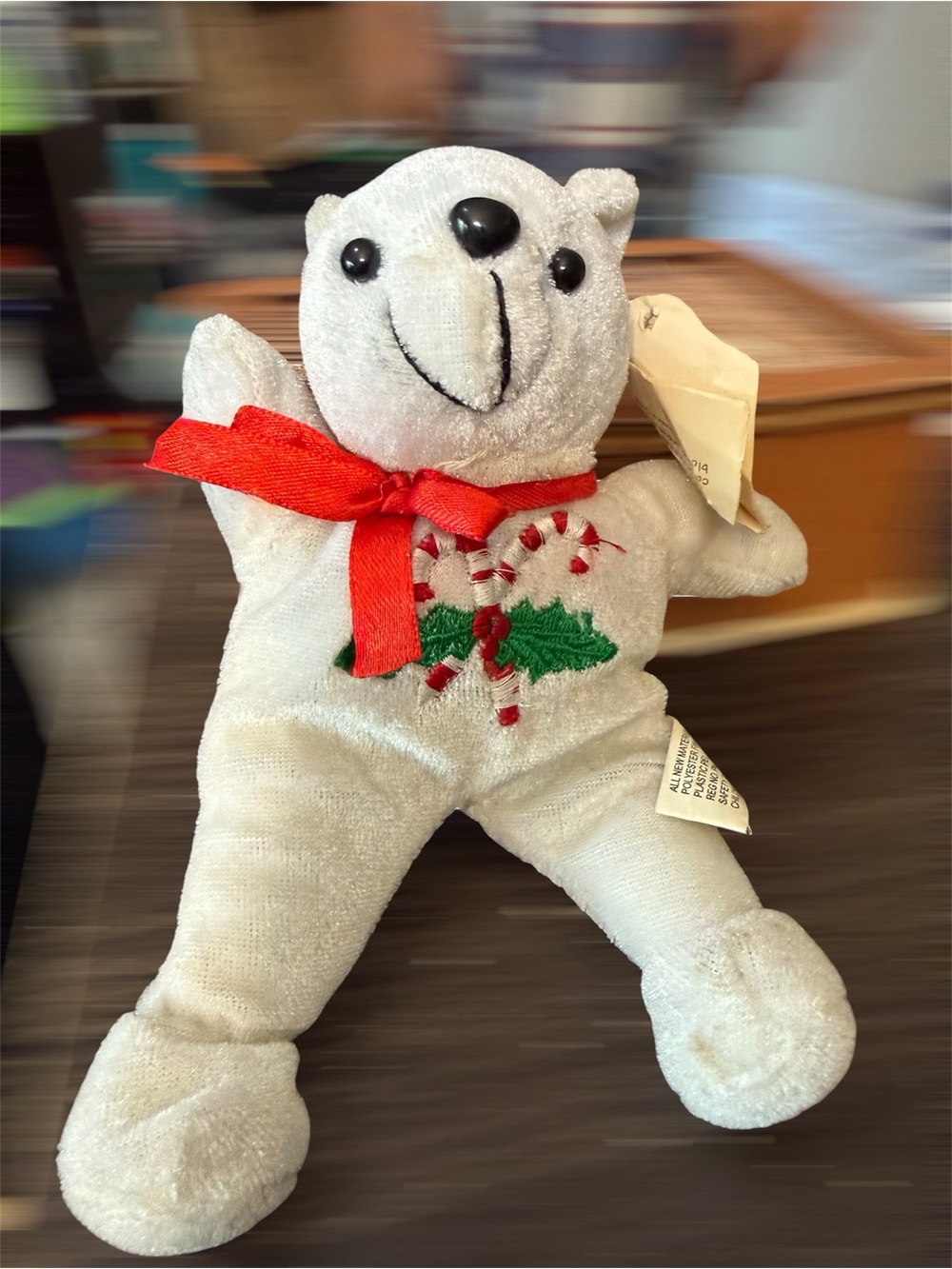 White Plush Holiday Bear with Red Bow and Candy Cane Embroidery
